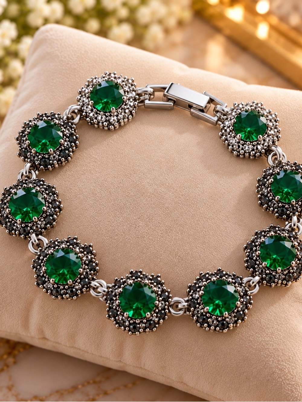 Emerald Green Crystal Silver Tone Statement Bracelet Floral Halo Jewelry. 7 Inch